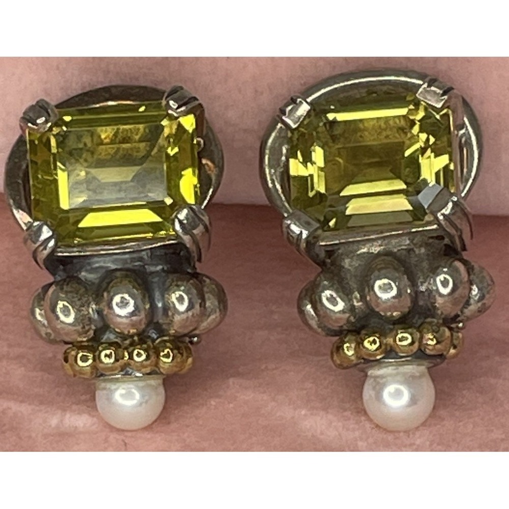 Lagos Caviar Emerald Cut Yellow Citrine and Pearl Sterling Silver & 18k Earrings